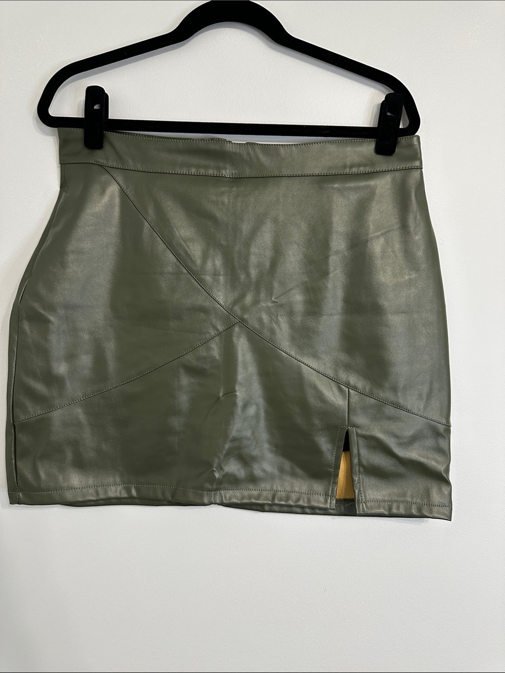We1Fit Olive Faux Leather Mini Skirt with Front Notch